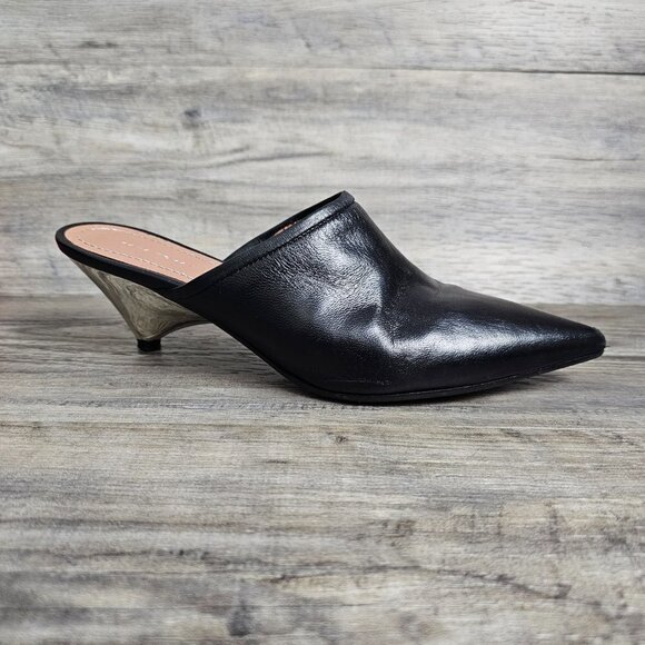 Zara Leather Black Slip On Metallic Silver Kitten Heel Mules - Picture 11 of 12